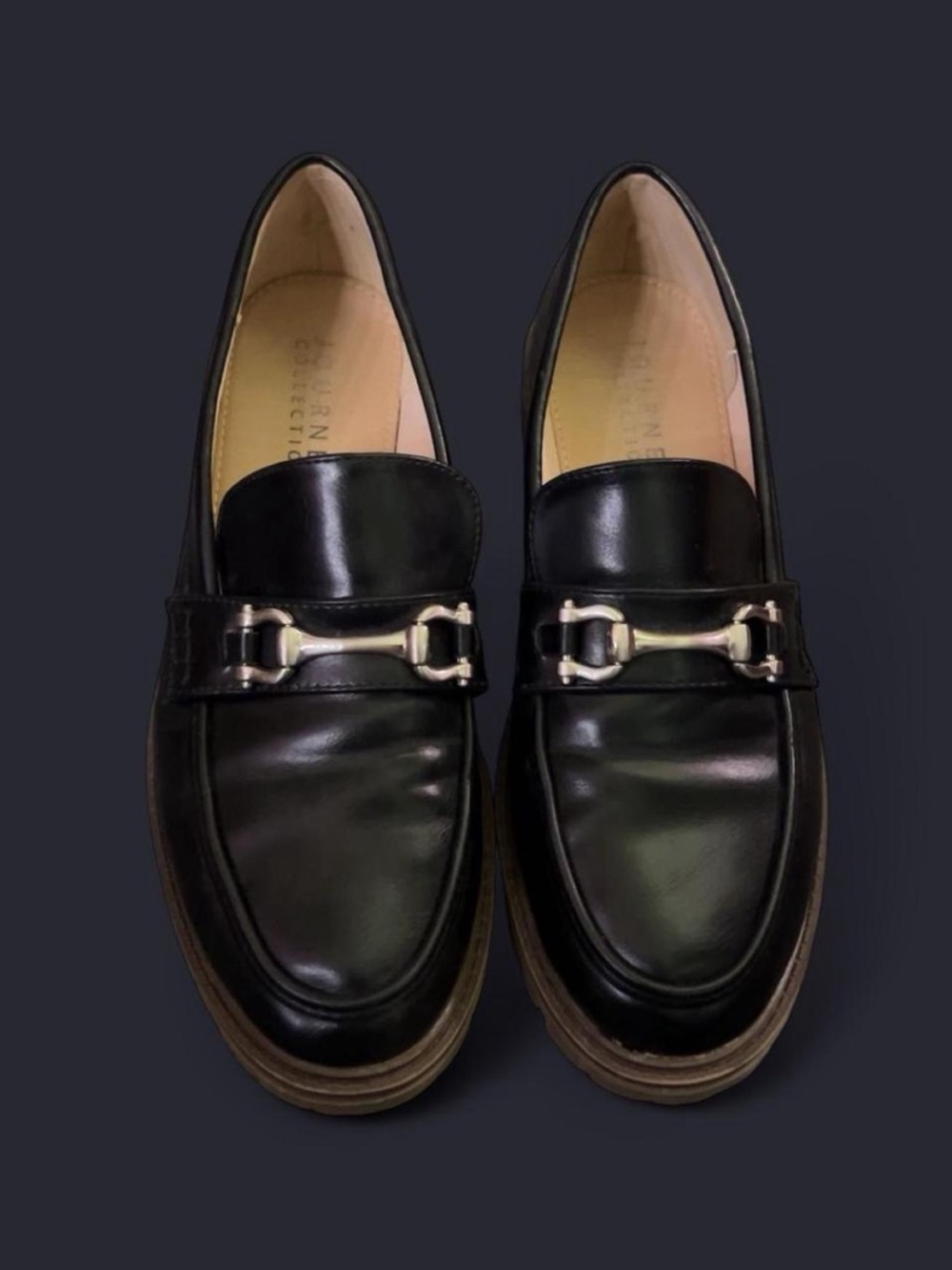 Journee Collection Black Leather Loafers with Silver Bit